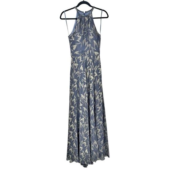 Betsy & Adam Long Foil Print Halter maxi Dress Sleeveless Steel/Gold Size 2 NWT - Picture 3 of 12